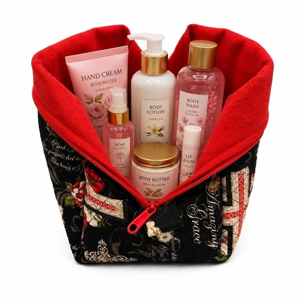 Christian Floral Makeup Bag, Quilted Cosmetic Pouch, Faith Inspired Toiletry Bag